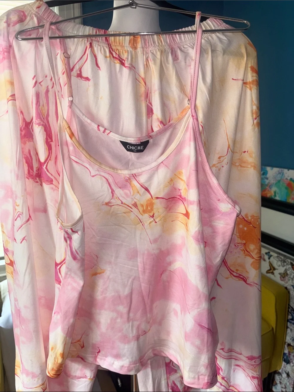 chic Marble-Print Pink & Yellow Satin Pajama Set